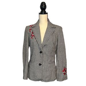 Focus Lifestyle Wool Blend Black White Houndstooth Floral Embroidery Blazer 6